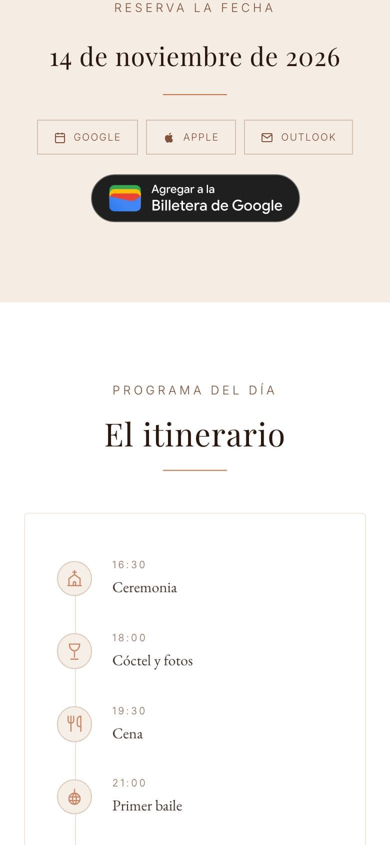 Itinerario del día de la boda con iconos por evento