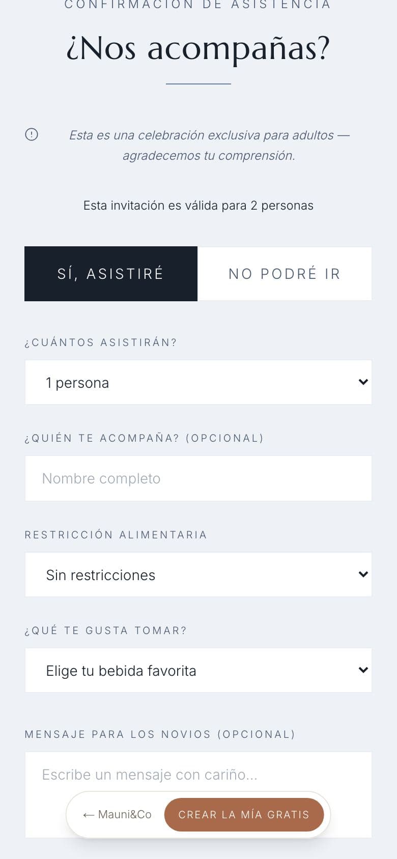 Formulario de confirmación de asistencia con acompañantes, restricciones alimentarias y bebida favorita